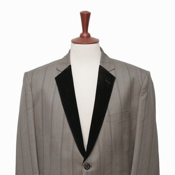 Mens Blazer Beige Striped Velvet Lapel Formal Suit Jacket Wedding Sport Coat 46R - Picture 3 of 7